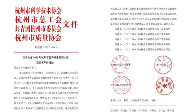 喜報(bào)！杭叉集團(tuán)七個(gè)QC成果榮獲杭州市優(yōu)秀質(zhì)量管理小組獎(jiǎng)